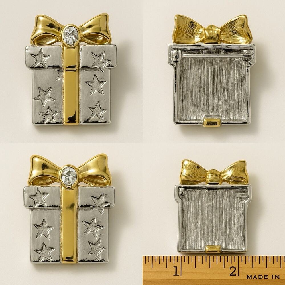 Silver & Gold-Tone Gift Box Brooch w/ Stars & Clear Crystal Bow ~ Holiday Pin